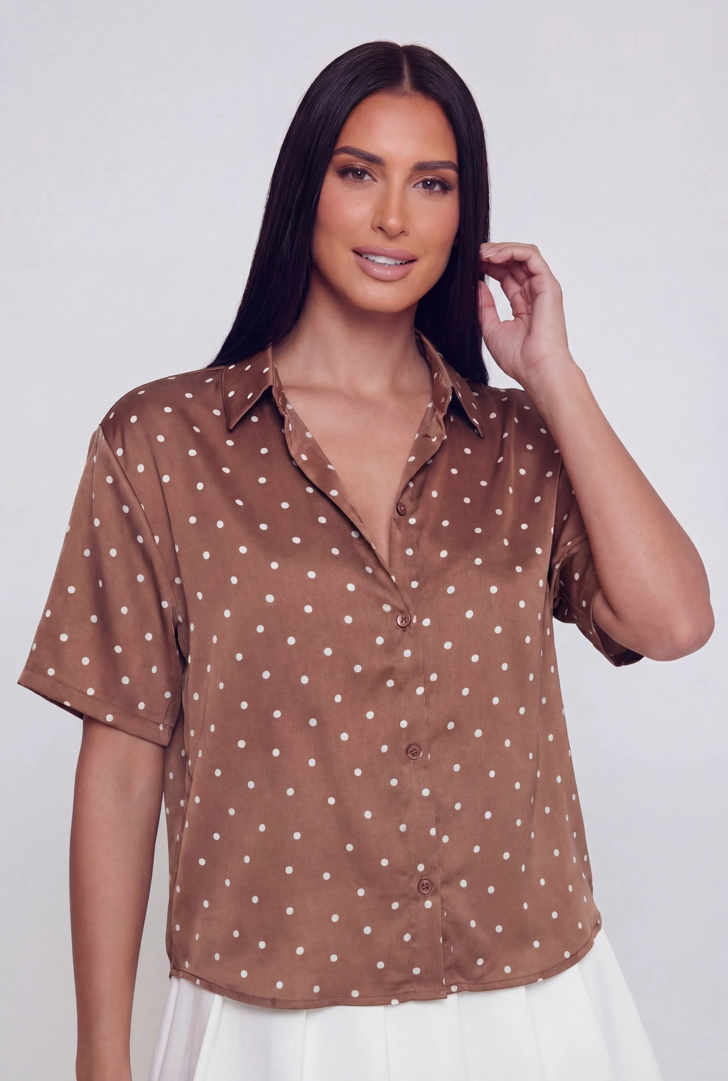 Polka Dot Satin Cropped Button Front Shirt sold by Rainbow product image thumbnail 2
