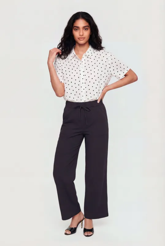 Polka Dot Satin Cropped Button Front Shirt made by Ambiance