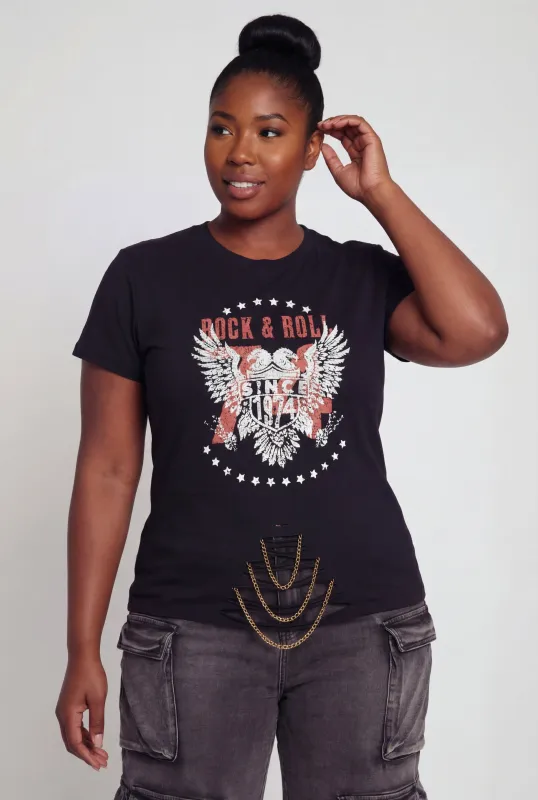 Plus Size Rock and Roll Graphic Laser Cut Chain Detail Tee made by Rainbow