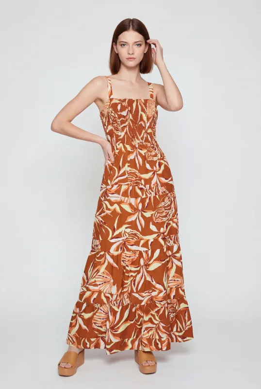 Patterned Smocked Tiered Maxi Dress made by Rainbow