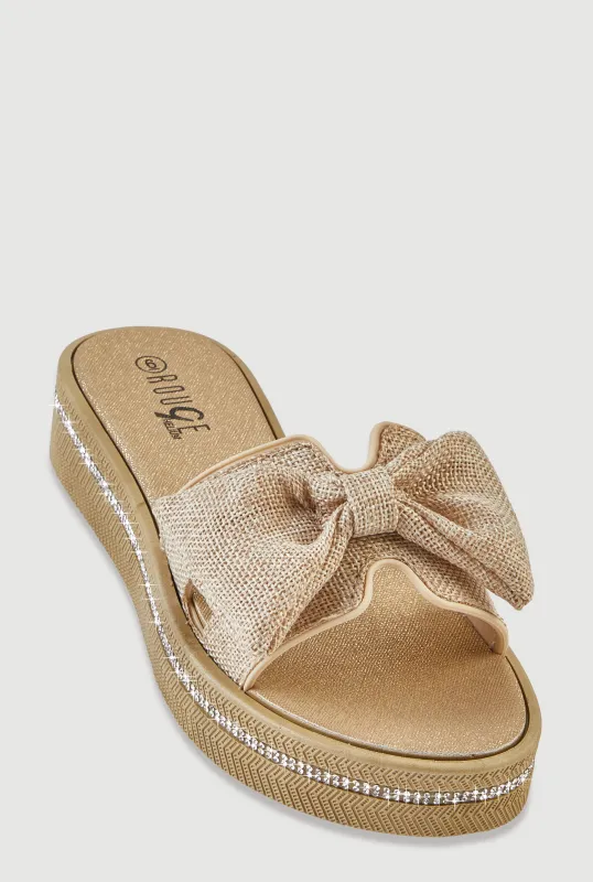 Bow Detail H Band Slide Sandals with Rhinestone Trim made by Rainbow
