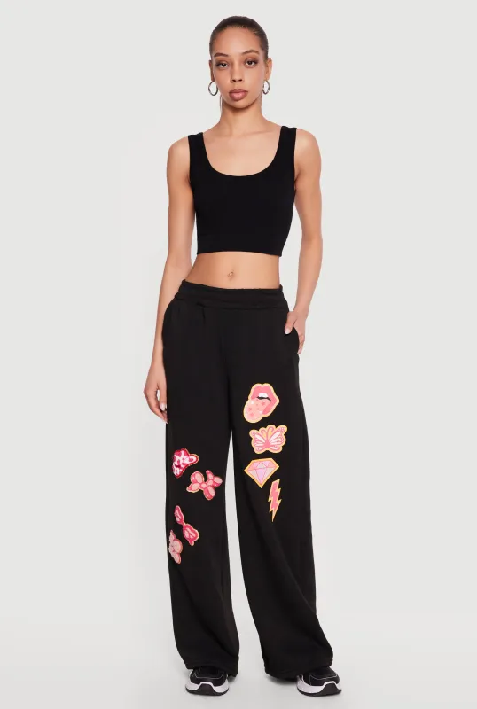 Patch Graphic Wide Leg Pull On Sweatpants made by Rainbow