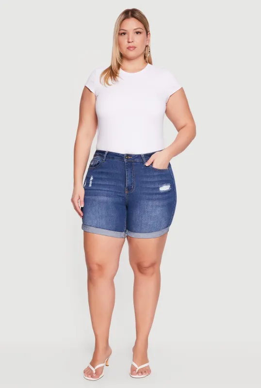 Plus Size Fixed Cuff Frayed Denim Shorts made by Rainbow