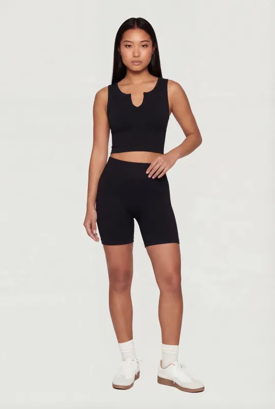 Ribbed Notch Neck Cropped Tank Top and Bike Shorts Set made by Rainbow