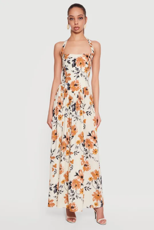Floral Print Smocked Back Halter Maxi Dress made by Rainbow