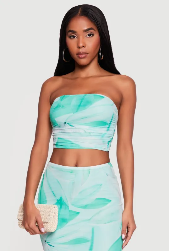 Patterned Mesh Ruched Side Cropped Tube Top made by iris