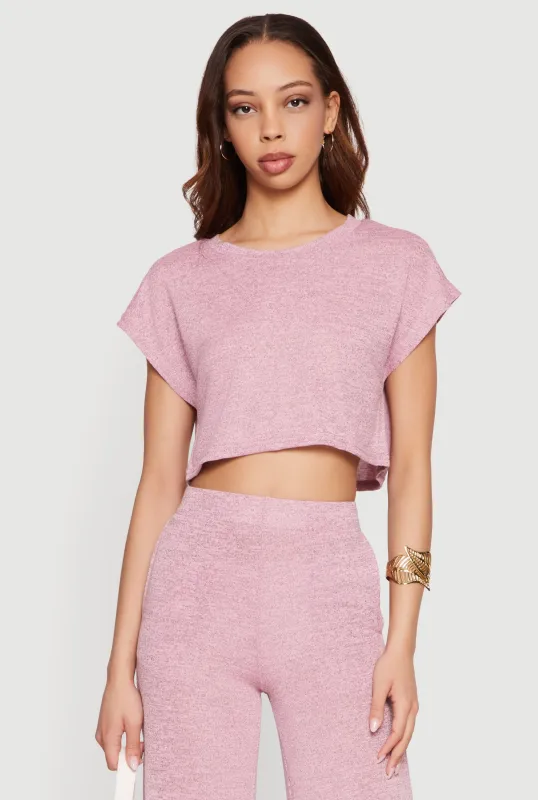 Brushed Knit Cap Sleeve Crew Neck Crop Top made by Daisy