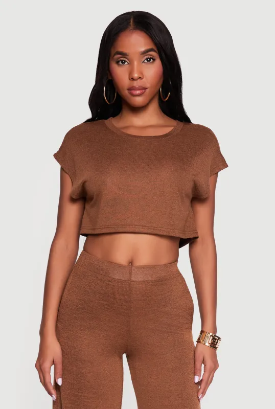 Brushed Knit Cap Sleeve Crew Neck Crop Top made by Daisy