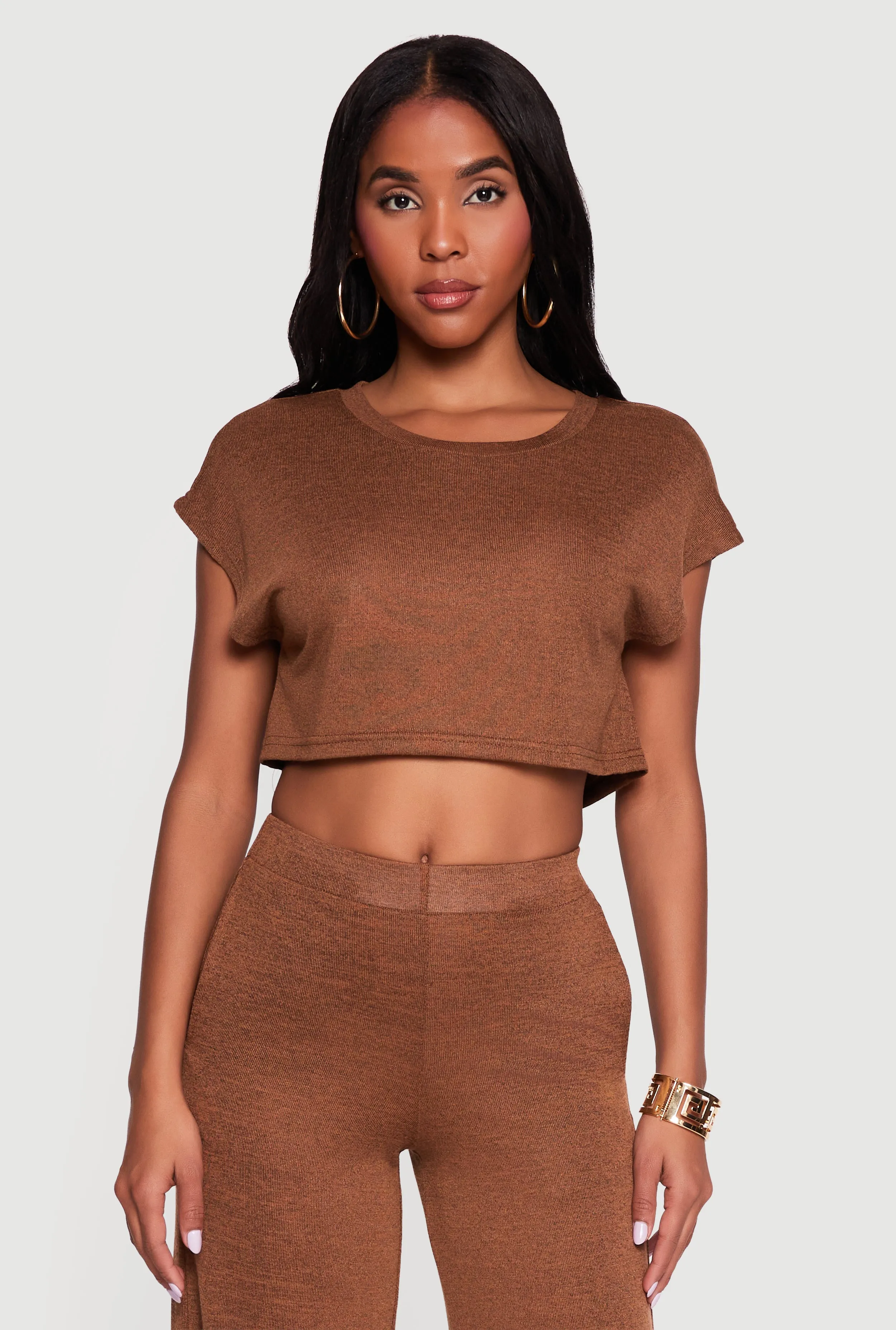Brushed Knit Cap Sleeve Crew Neck Crop Top sold by Rainbow