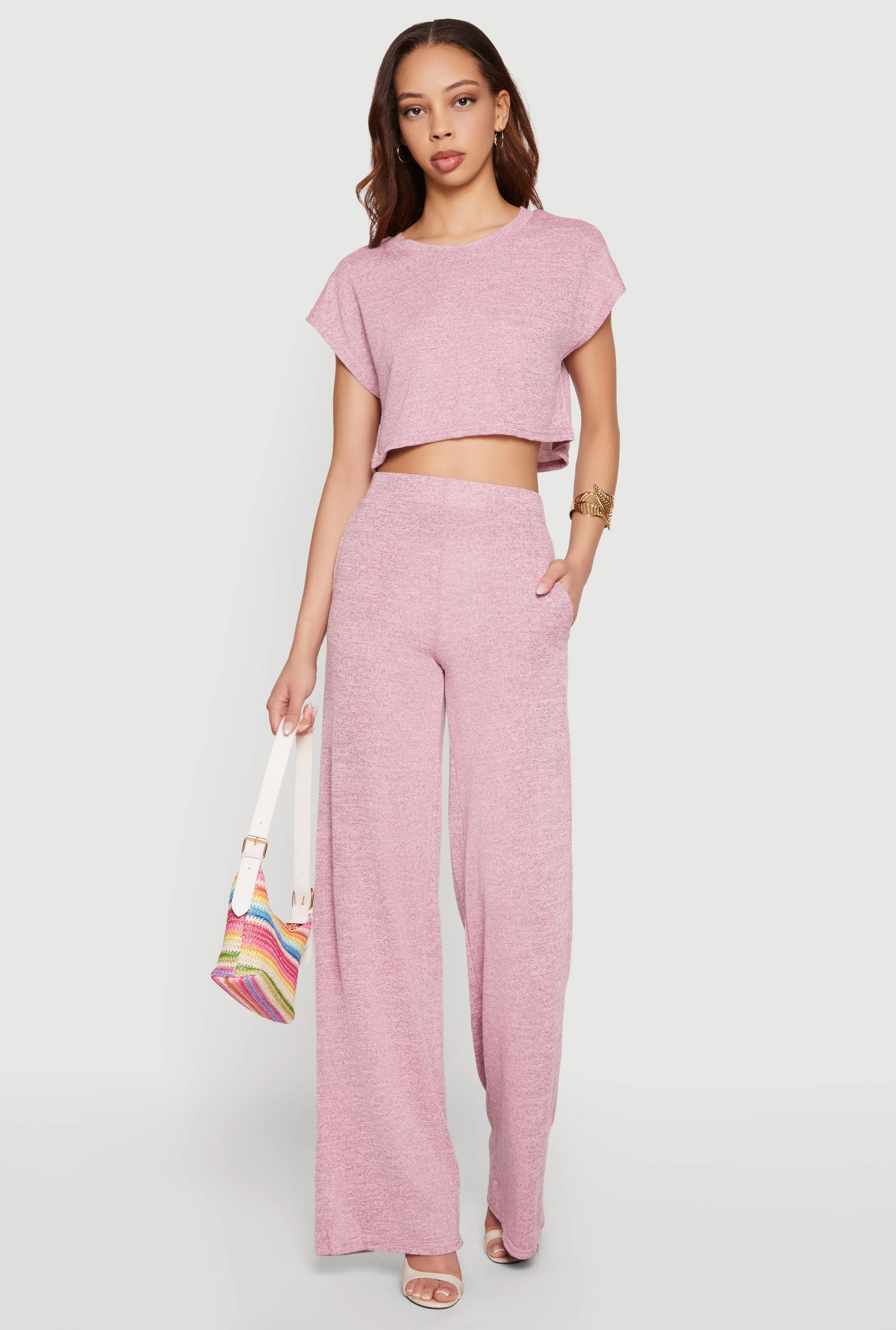 Brushed Knit Cap Sleeve Crew Neck Crop Top sold by Rainbow product image thumbnail 2