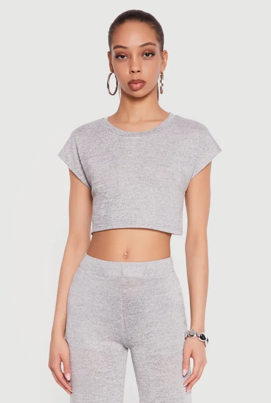 Brushed Knit Cap Sleeve Crew Neck Crop Top made by Daisy