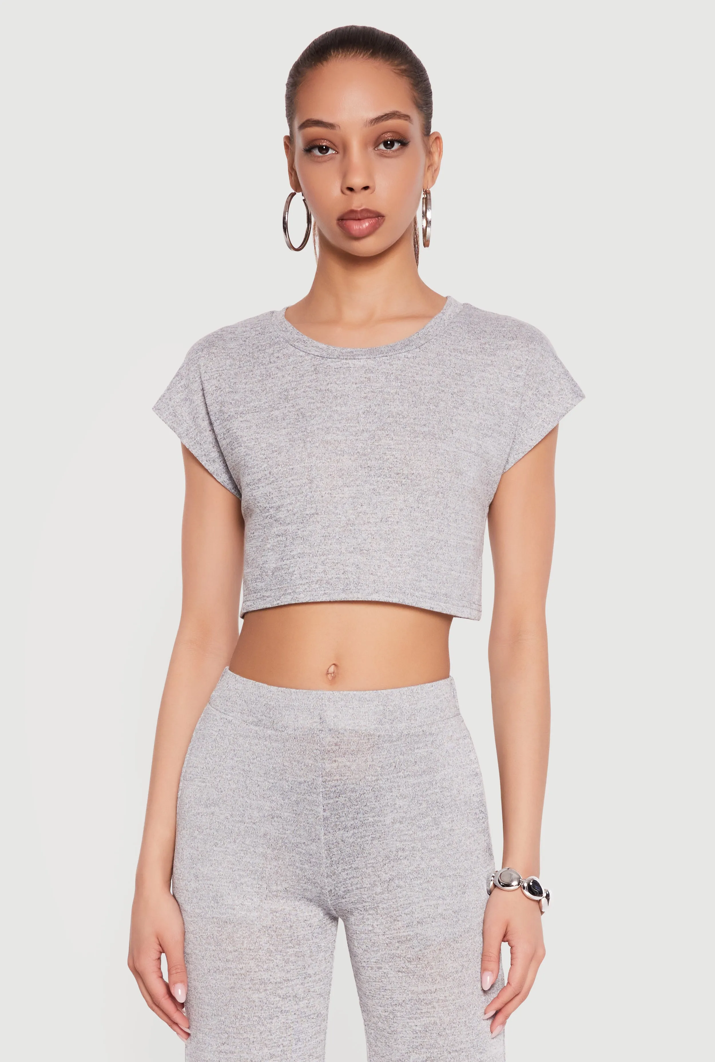 Brushed Knit Cap Sleeve Crew Neck Crop Top sold by Rainbow