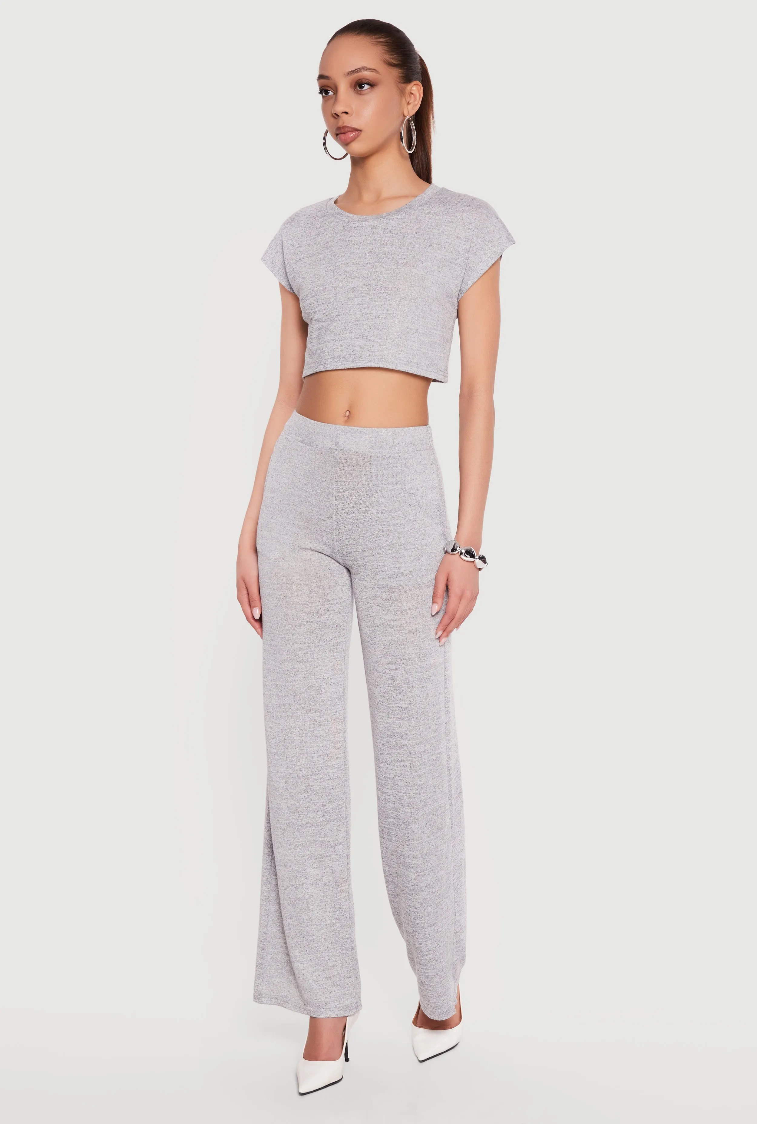 Brushed Knit Cap Sleeve Crew Neck Crop Top sold by Rainbow product image thumbnail 3