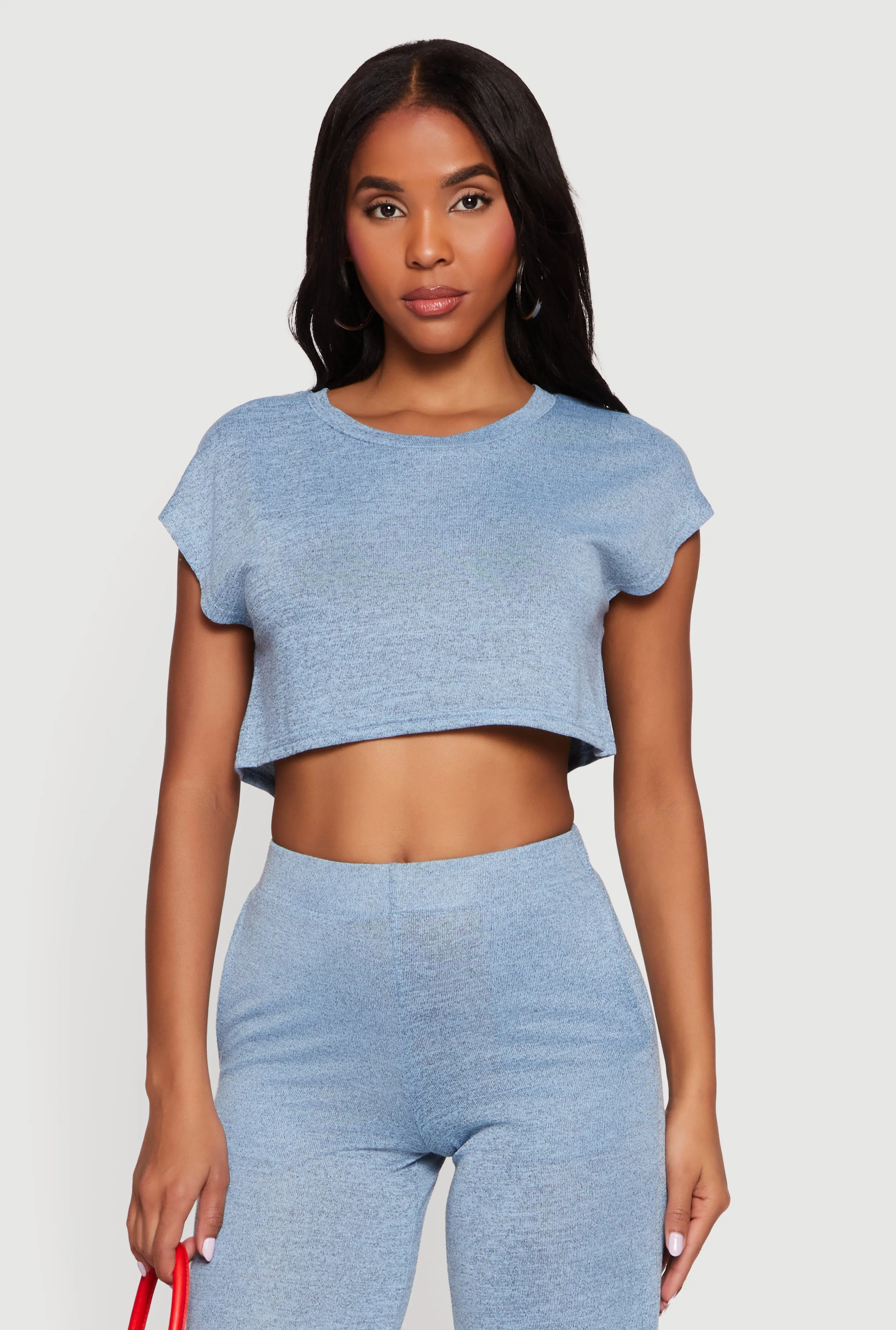 Brushed Knit Cap Sleeve Crew Neck Crop Top sold by Rainbow