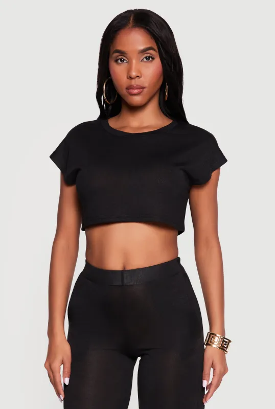 Brushed Knit Cap Sleeve Crew Neck Crop Top made by Daisy