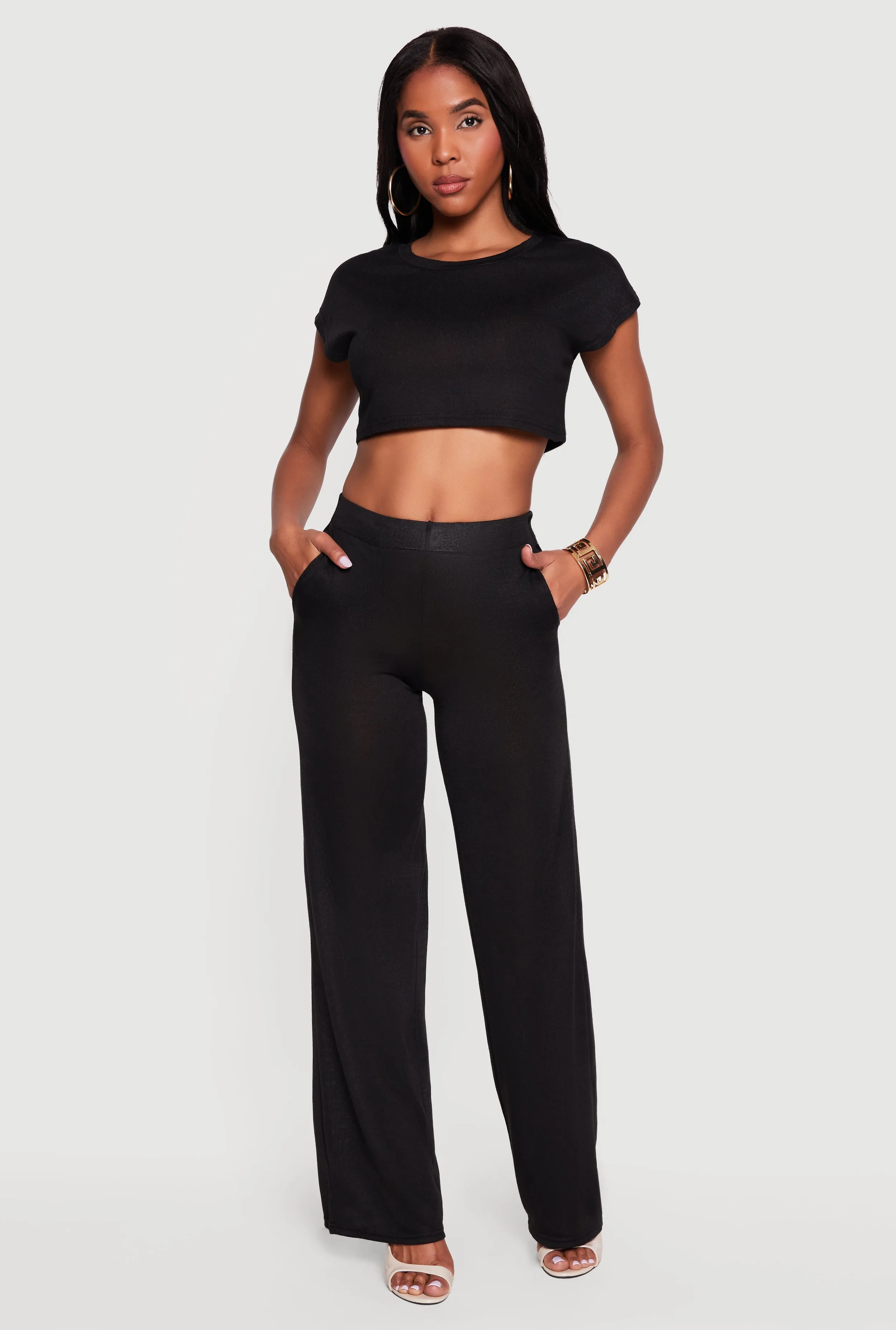 Brushed Knit Cap Sleeve Crew Neck Crop Top sold by Rainbow product image thumbnail 2