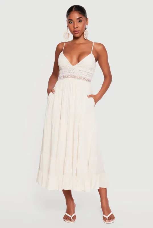 Crochet Detail Sleeveless Tiered Midi Dress made by iris