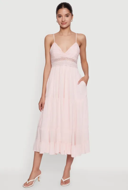 Crochet Detail Sleeveless Tiered Midi Dress made by iris