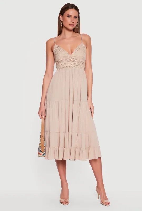 Crochet Detail Sleeveless Tiered Midi Dress made by iris