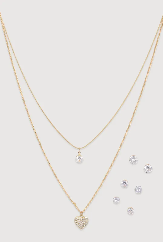 Heart Pendant Layered Necklace with Stud Earring Trio made by Rainbow