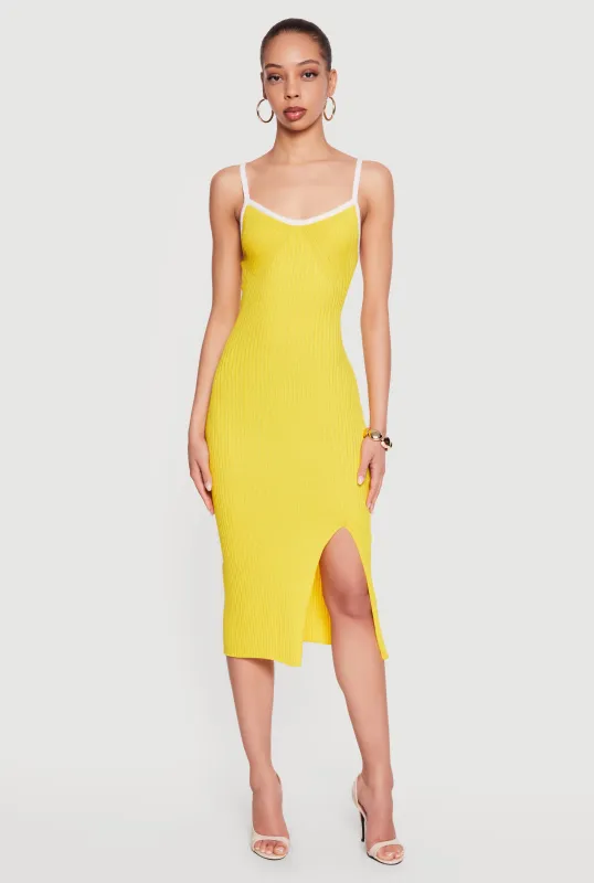 Contrast Trim Rib Knit Tie Back Keyhole Cami Midi Dress made by Rainbow