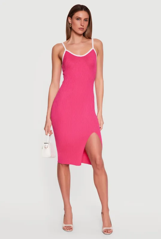 Contrast Trim Rib Knit Tie Back Keyhole Cami Midi Dress made by Rainbow