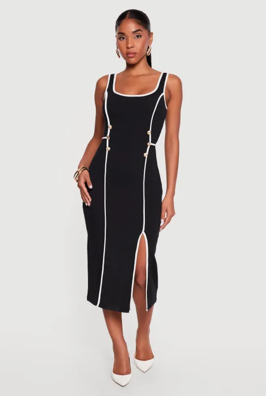 Side Slit Button Detail Contrast Trim Piping Midi Dress made by Rainbow