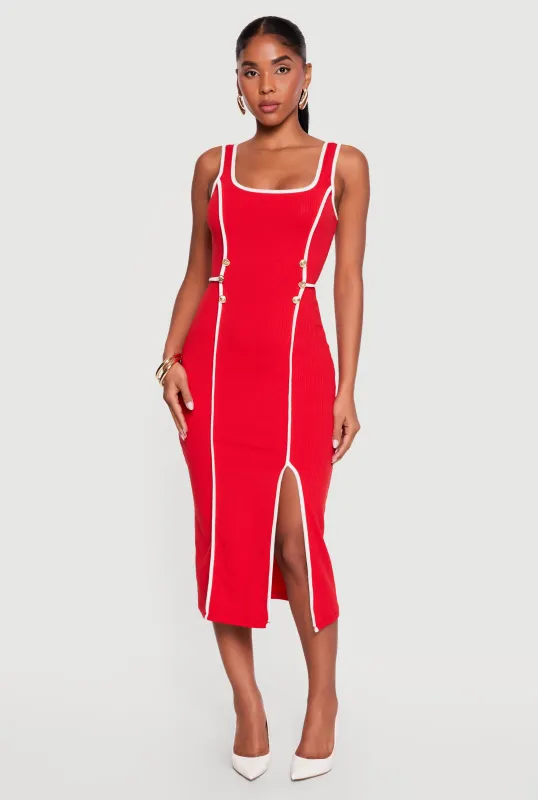 Side Slit Button Detail Contrast Trim Piping Midi Dress made by Rainbow