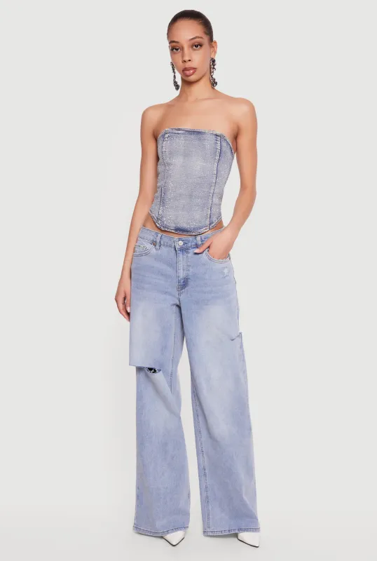 Rhinestone Studded Denim Lace Up Back Cropped Corset Top made by Daisy