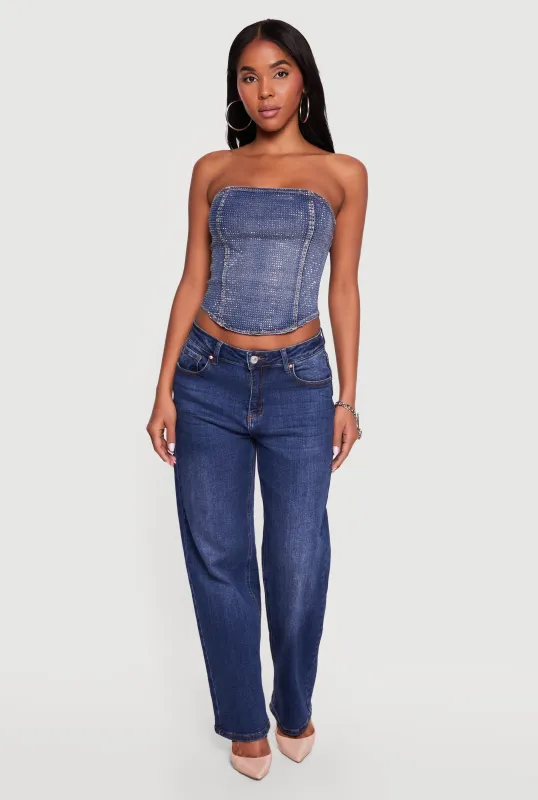 Rhinestone Studded Denim Lace Up Back Cropped Corset Top made by Daisy