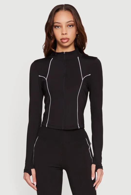 Contrast Piping Zip Front Active Jacket with Thumb Holes made by Rainbow