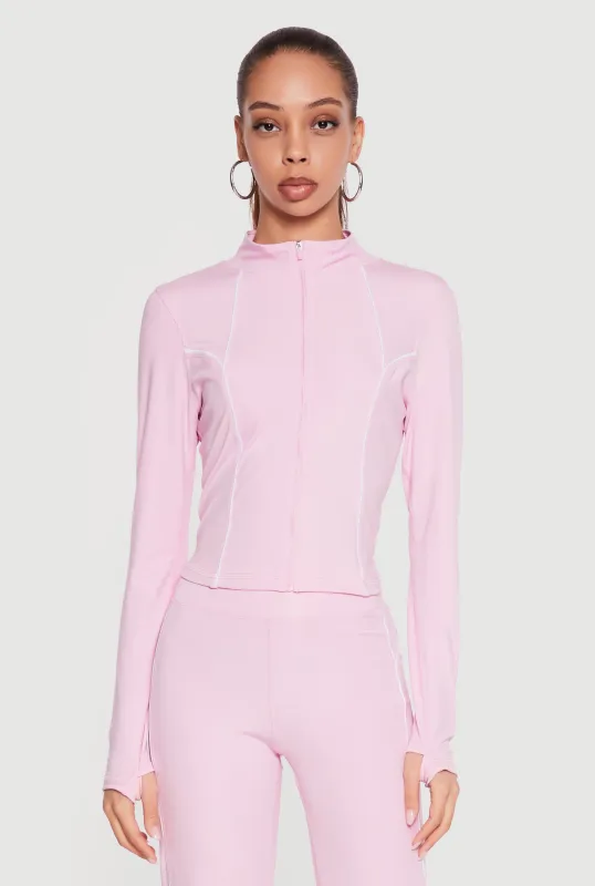 Contrast Piping Zip Front Active Jacket with Thumb Holes made by Rainbow