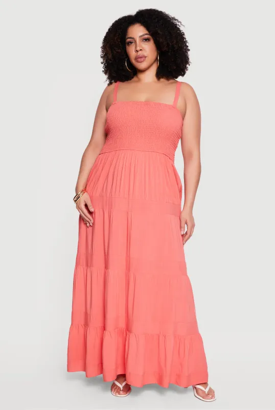 Plus Size Square Neck Smocked Tiered Maxi Dress made by Rainbow