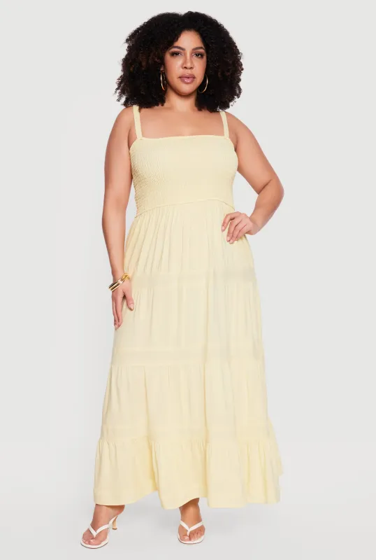 Plus Size Square Neck Smocked Tiered Maxi Dress made by Rainbow