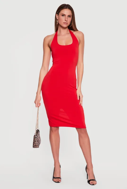 Solid Slit Back Halter Midi Dress made by Ambiance