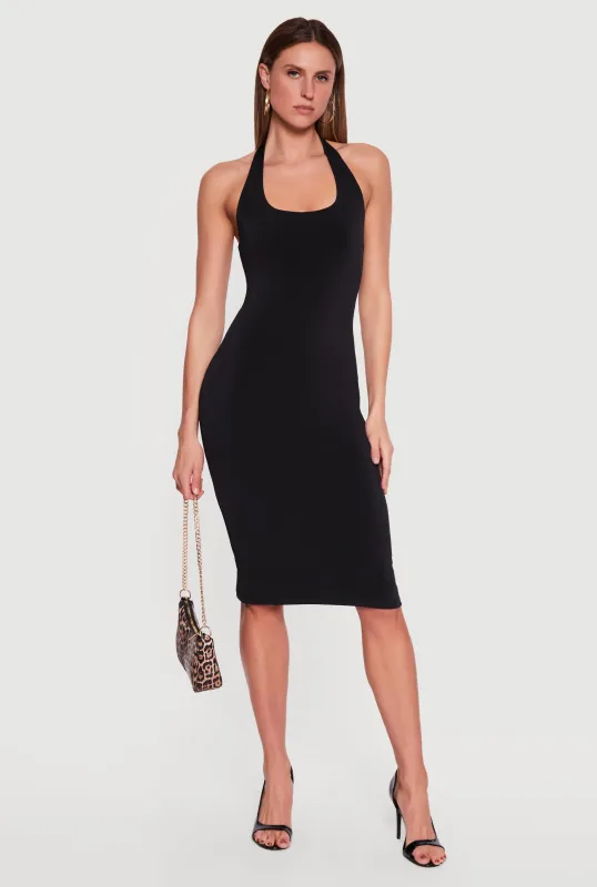 Solid Slit Back Halter Midi Dress made by Ambiance