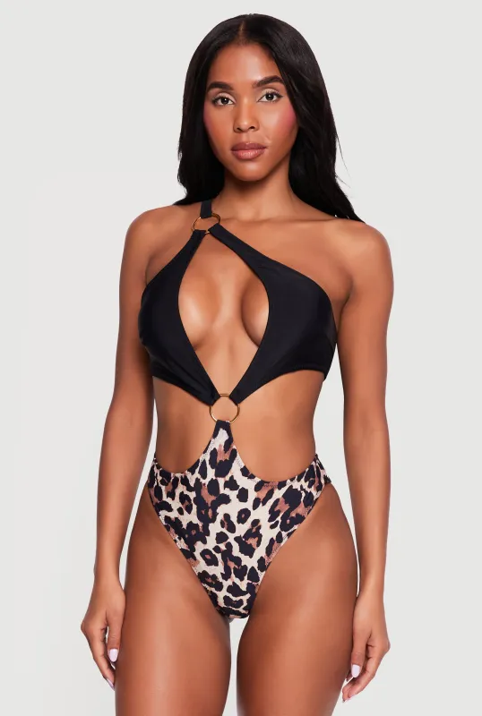 O Ring One Shoulder Asymmetrical Cutout Swimsuit made by Rainbow