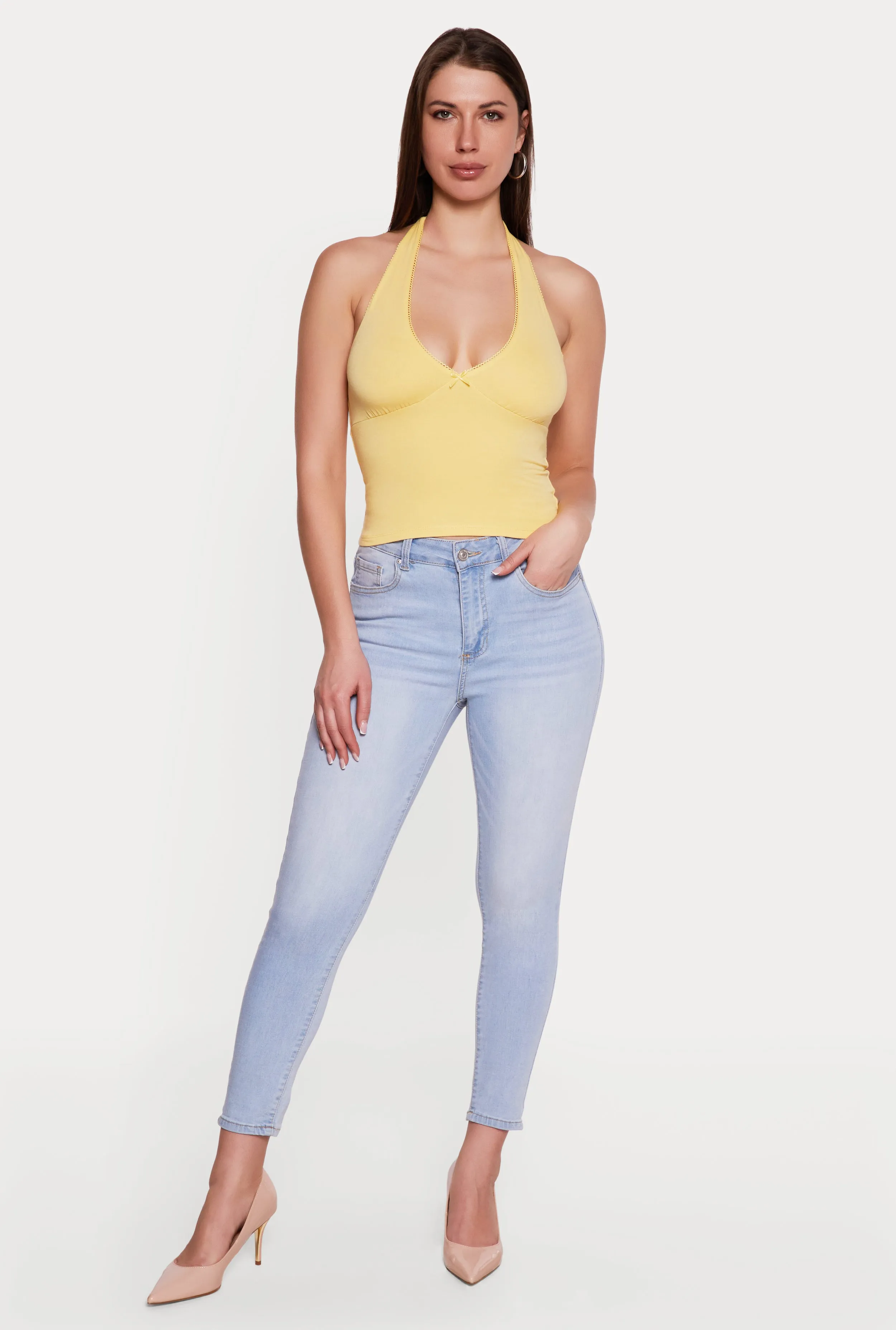 Lace Trim Bow Detail Tie Neck Halter Top sold by Rainbow