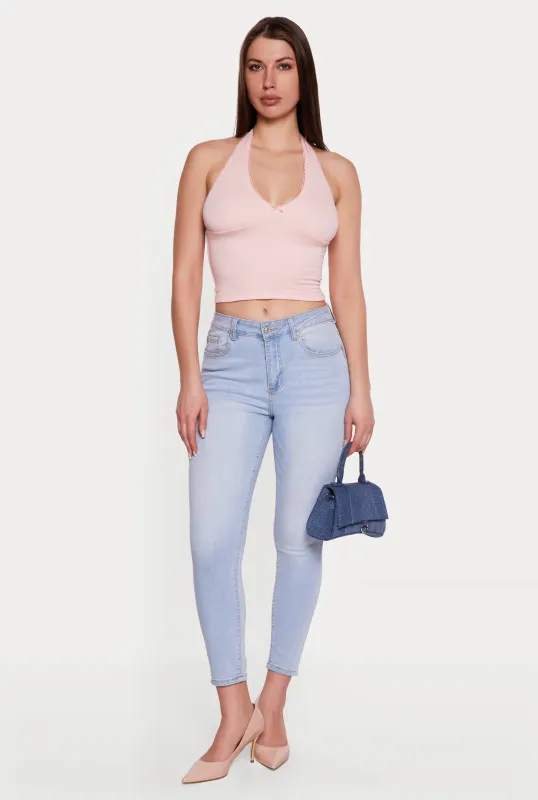 Lace Trim Bow Detail Tie Neck Halter Top made by Ambiance