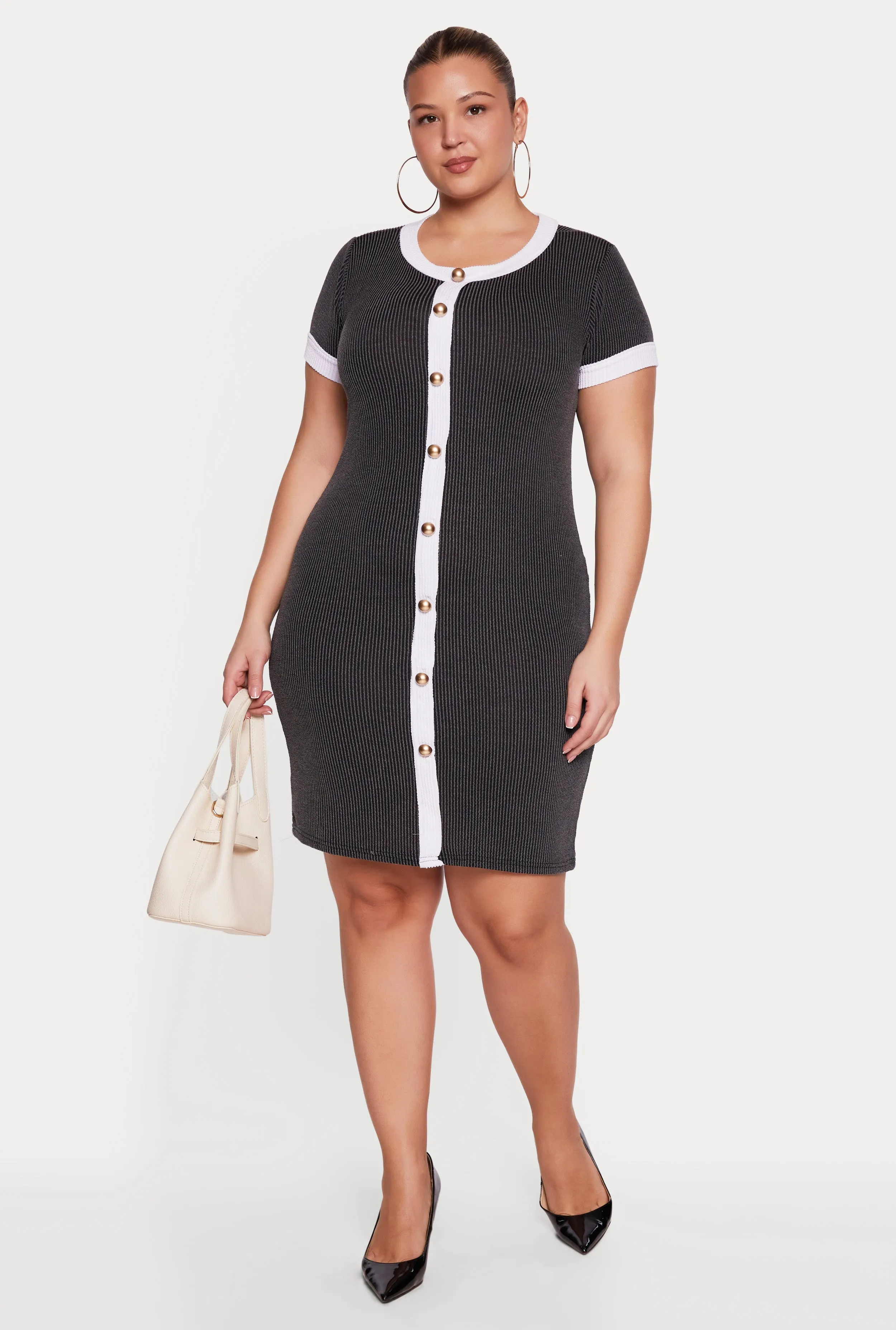 Plus Size Faux Button Front Dress with Contrast Trim sold by Rainbow