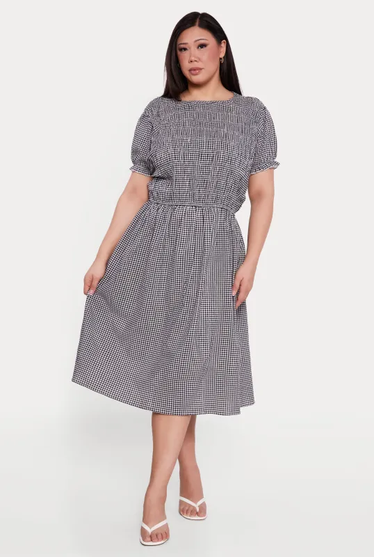 Plus Size Gingham Puff Sleeve Smocked Midi Dress made by Rainbow