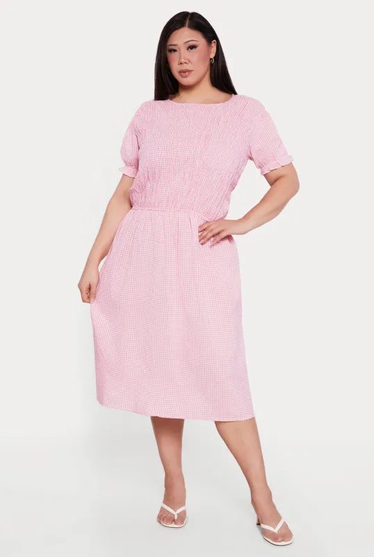 Plus Size Gingham Puff Sleeve Smocked Midi Dress made by Rainbow