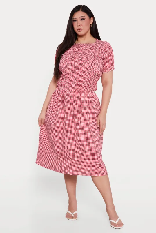 Plus Size Gingham Puff Sleeve Smocked Midi Dress made by Rainbow