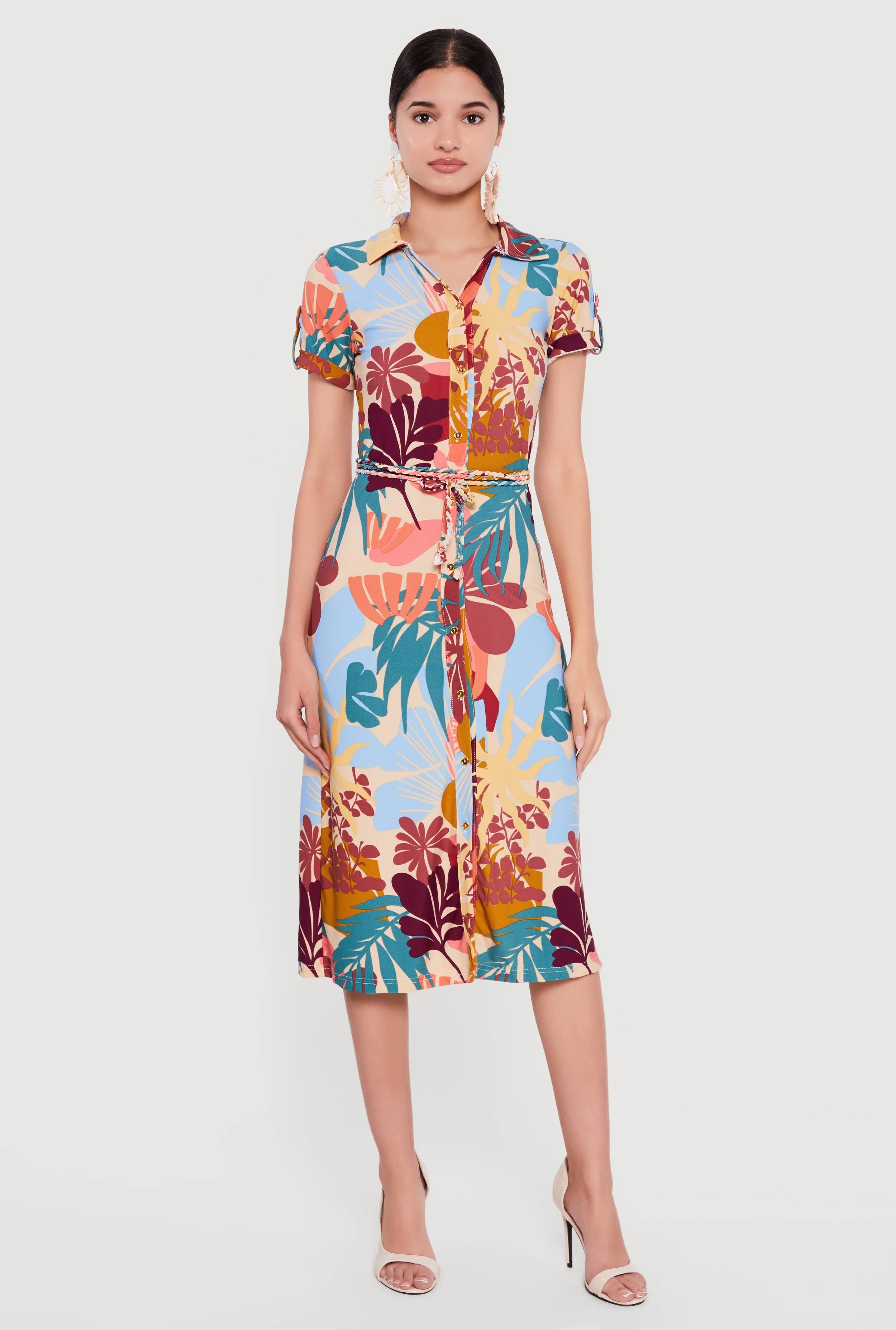 Tropical Print Tie Waist Belt Button Front Shirt Dress sold by Rainbow