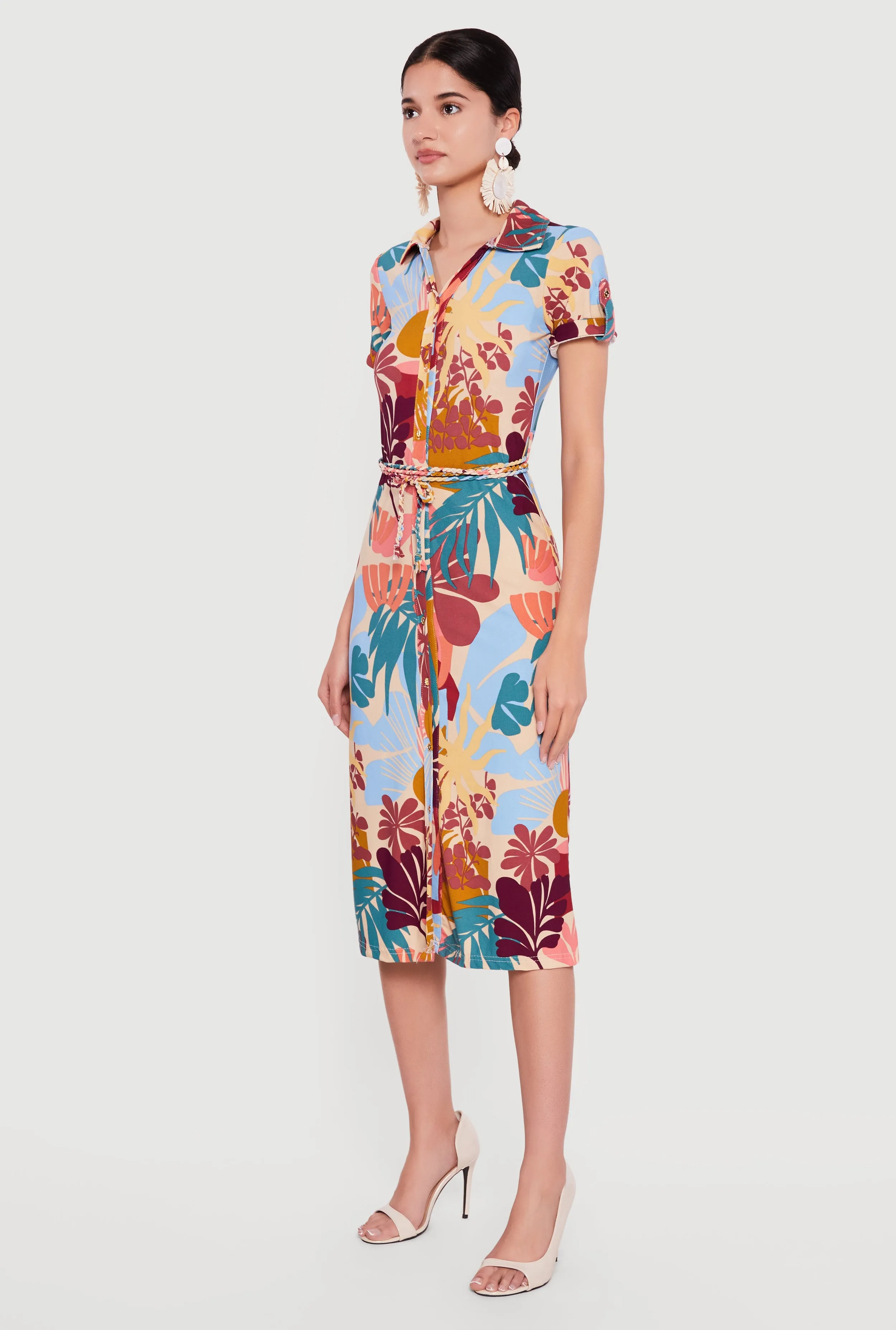 Tropical Print Tie Waist Belt Button Front Shirt Dress sold by Rainbow product image thumbnail 2