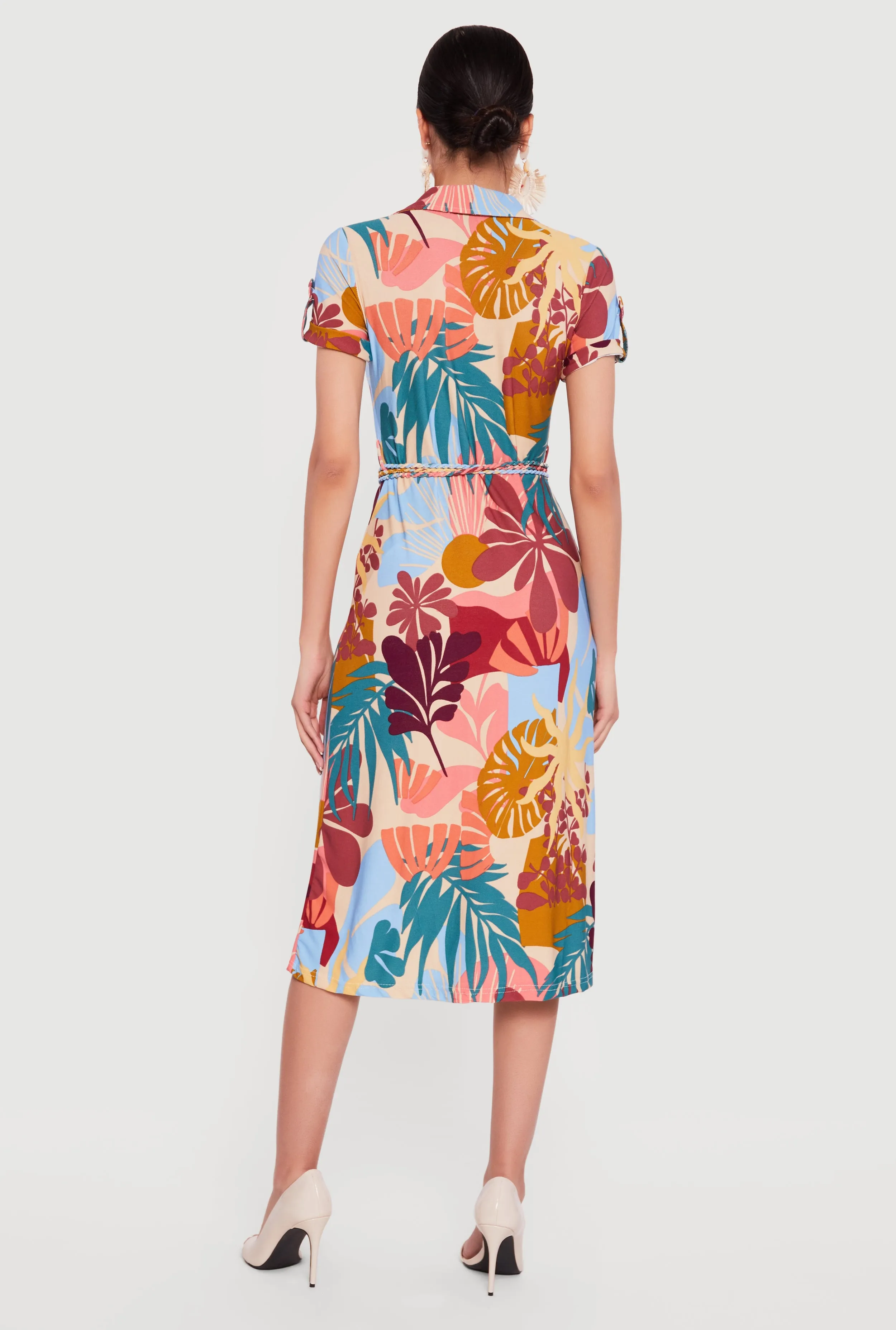 Tropical Print Tie Waist Belt Button Front Shirt Dress sold by Rainbow product image thumbnail 3