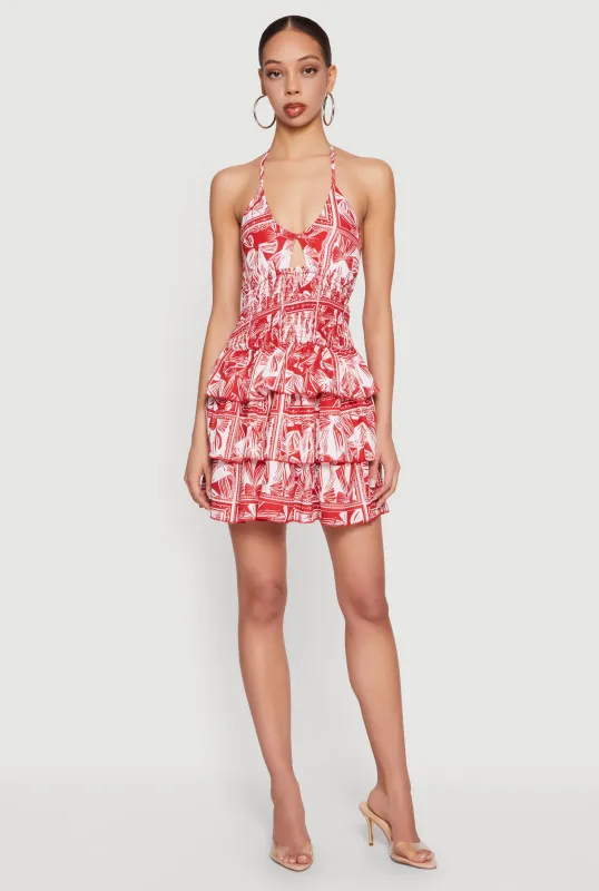 Patterned Keyhole Ruffle Tiered Halter Dress made by Rainbow