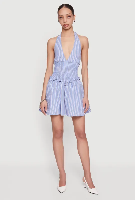 Striped Smocked Halter Mini Dress made by Rainbow