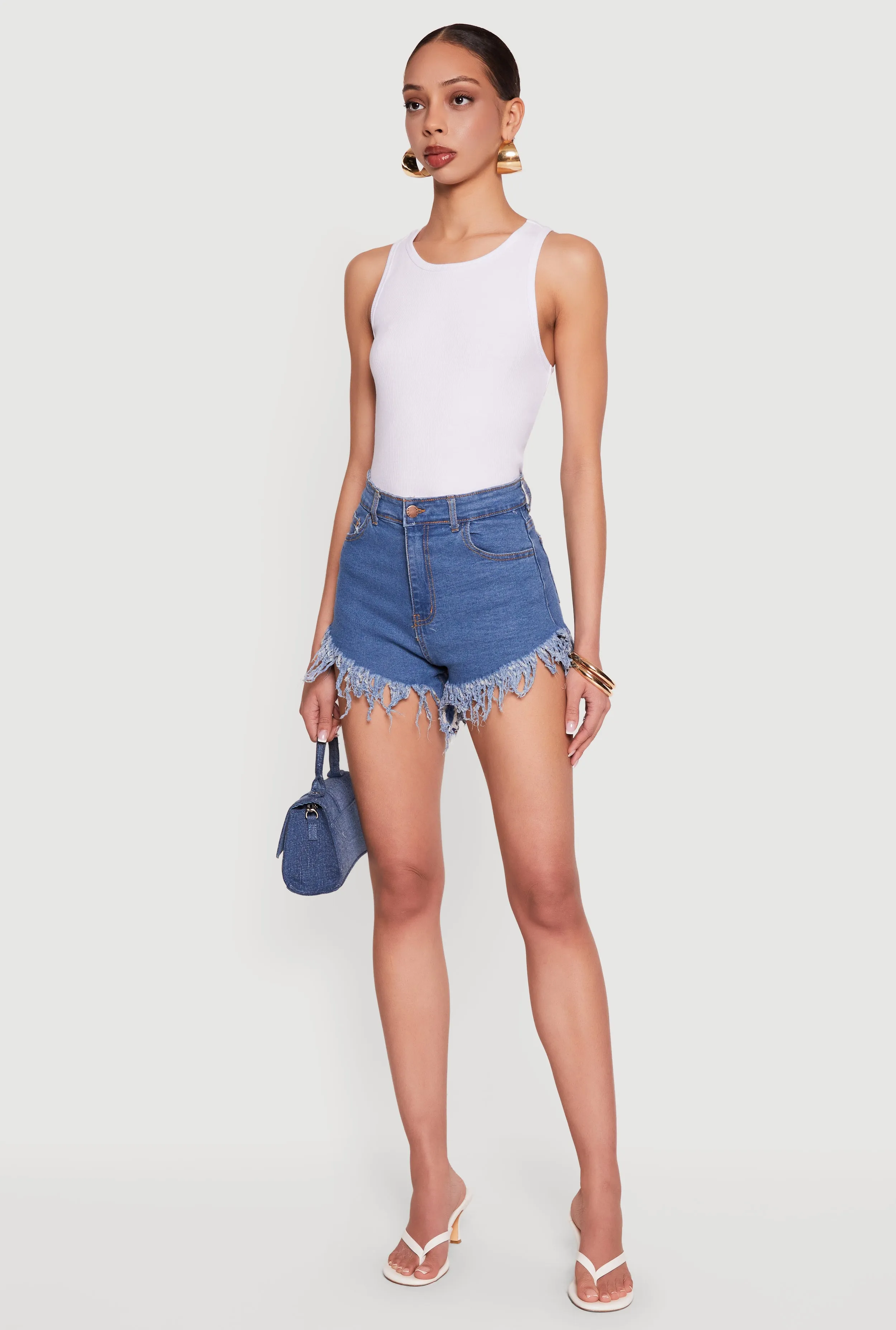 High Waisted Fringe Hem Denim Shorts sold by Rainbow product image thumbnail 2