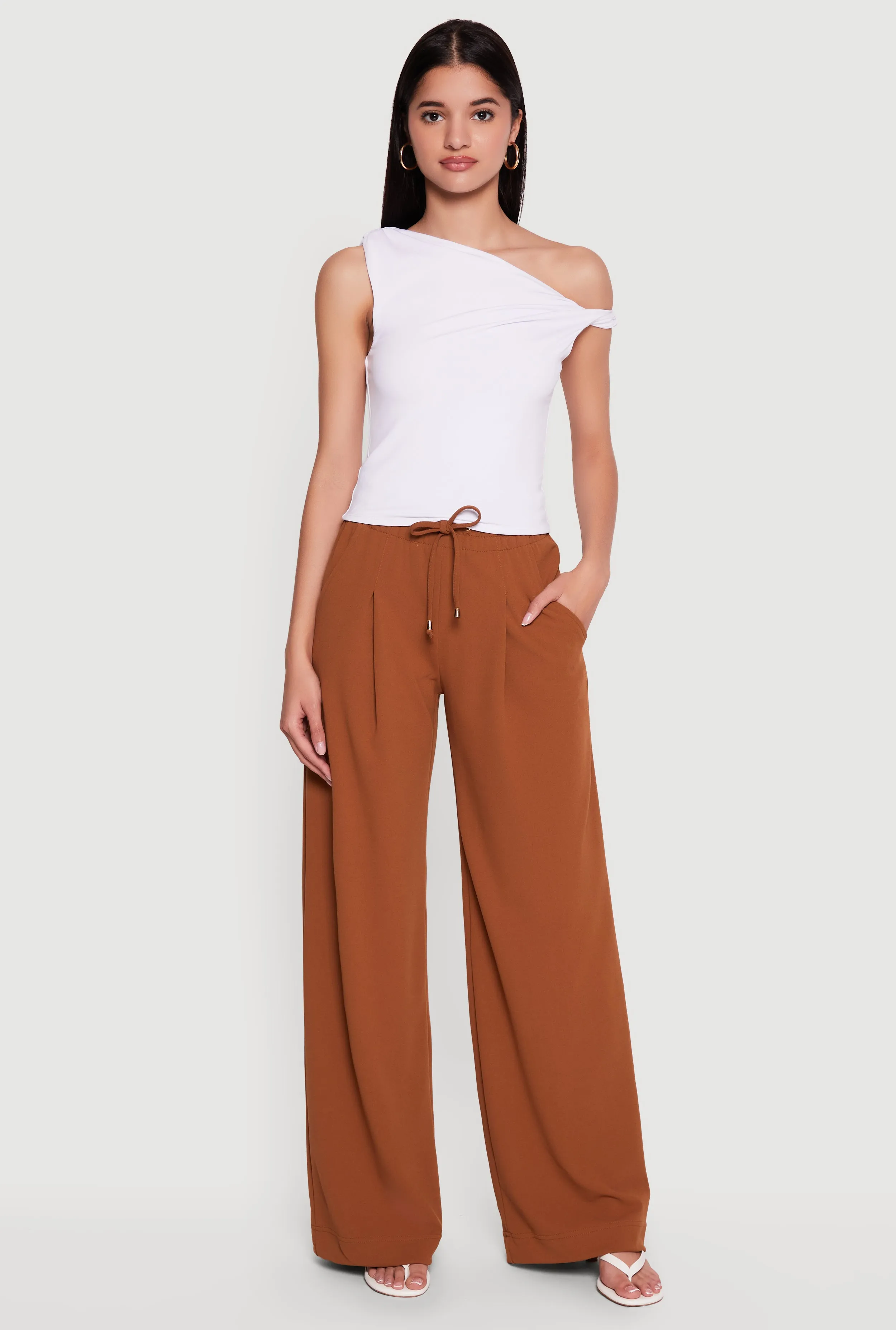 Crepe Knit Wide Leg Drawstring Waist Casual Pants sold by Rainbow